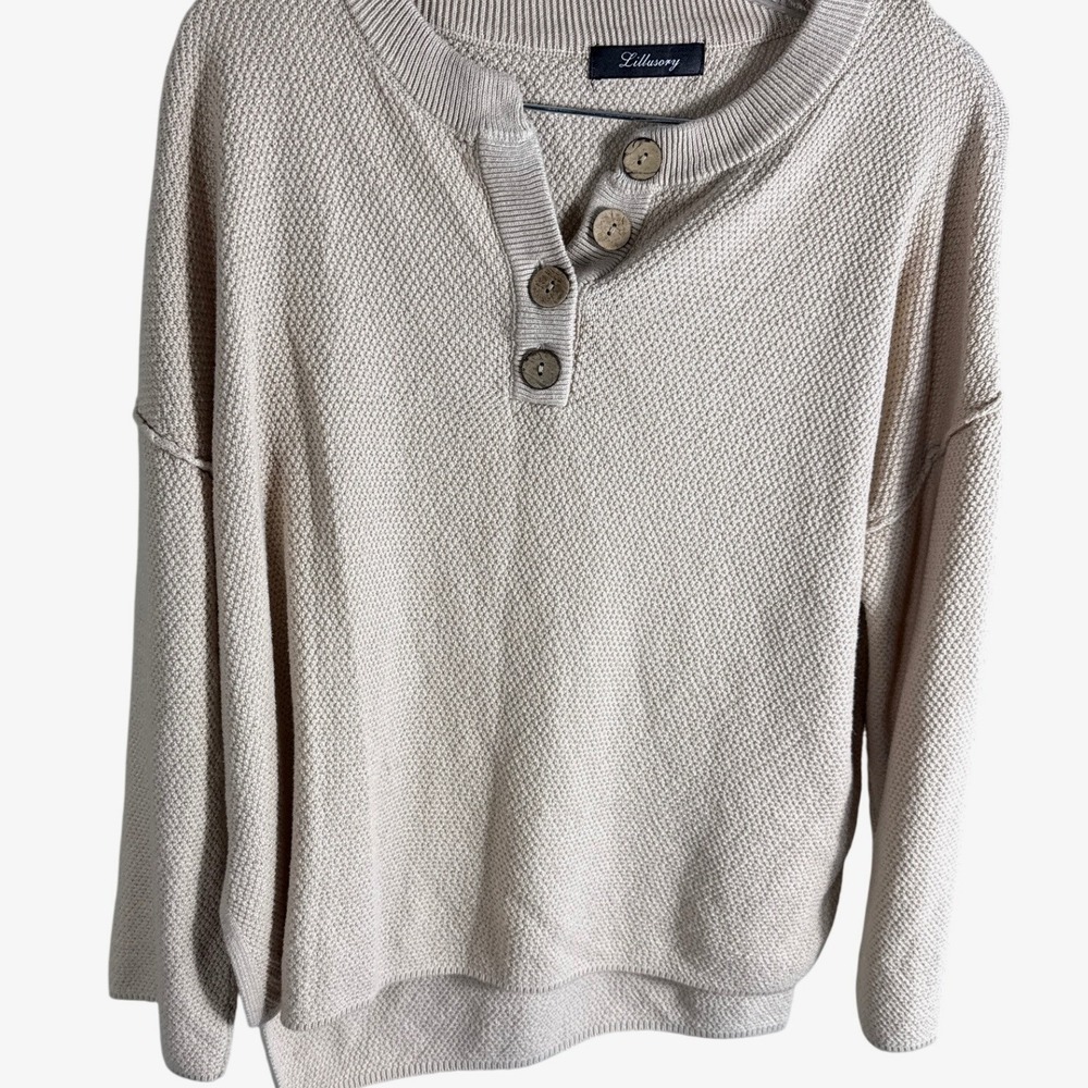 Lillusory Womens Henley Sweater Beige Cotton Blend Waffle Knit Button Top Small
